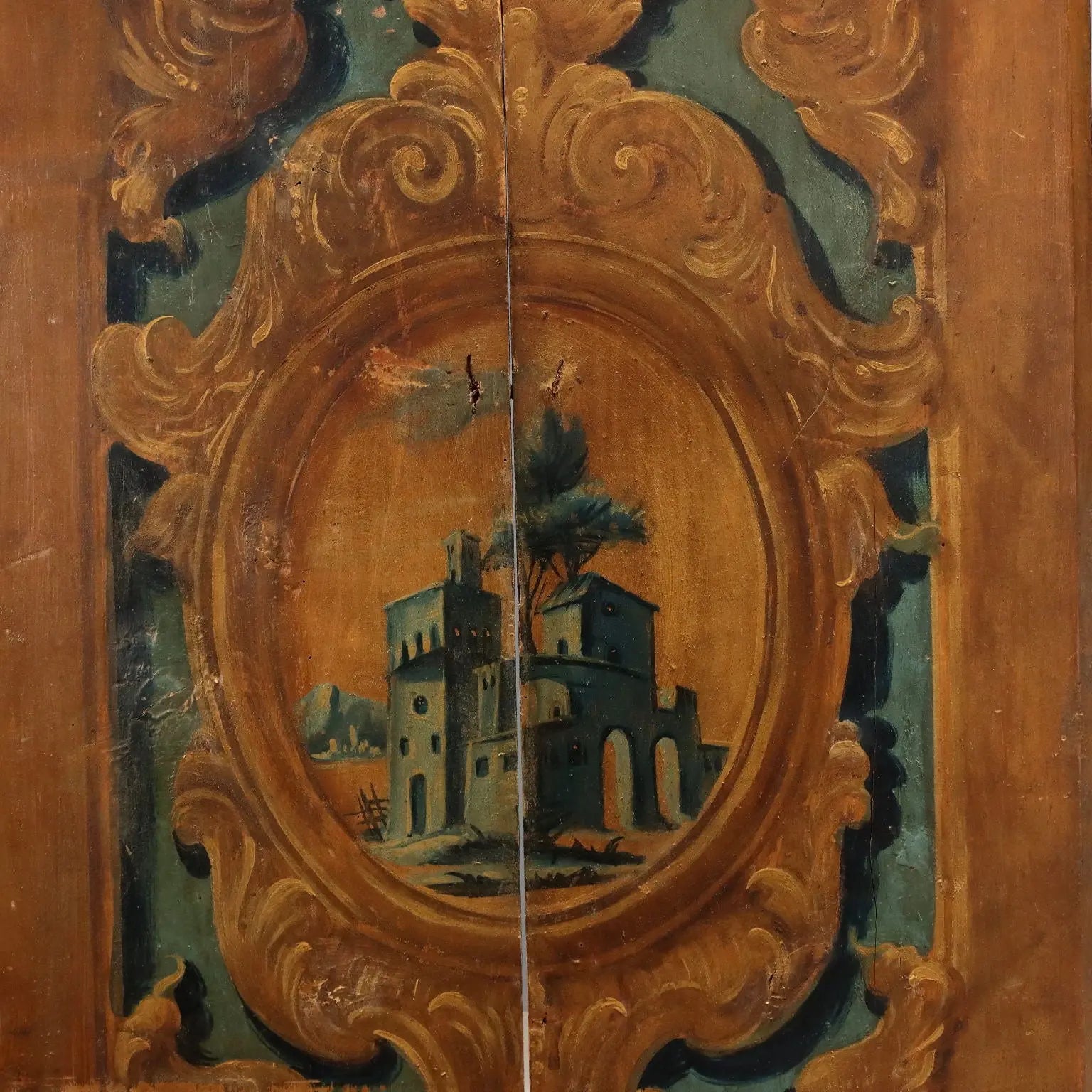 Antique Room Divider Painted Poplar Landscape Baroque XVIII Century - Room Divider Made with Two Doors | Antiques | Other Furniture