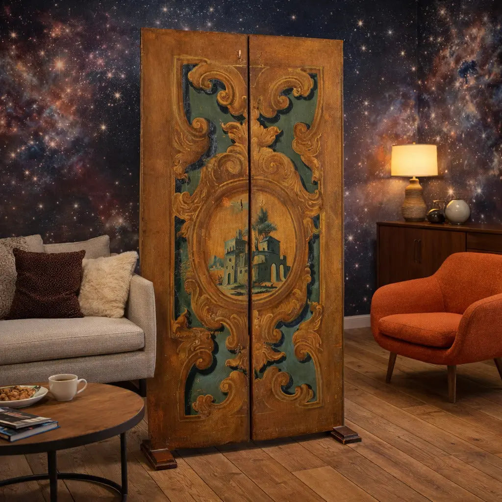 Antique Room Divider Painted Poplar Landscape Baroque XVIII Century - Room Divider Made with Two Doors | Antiques | Other Furniture