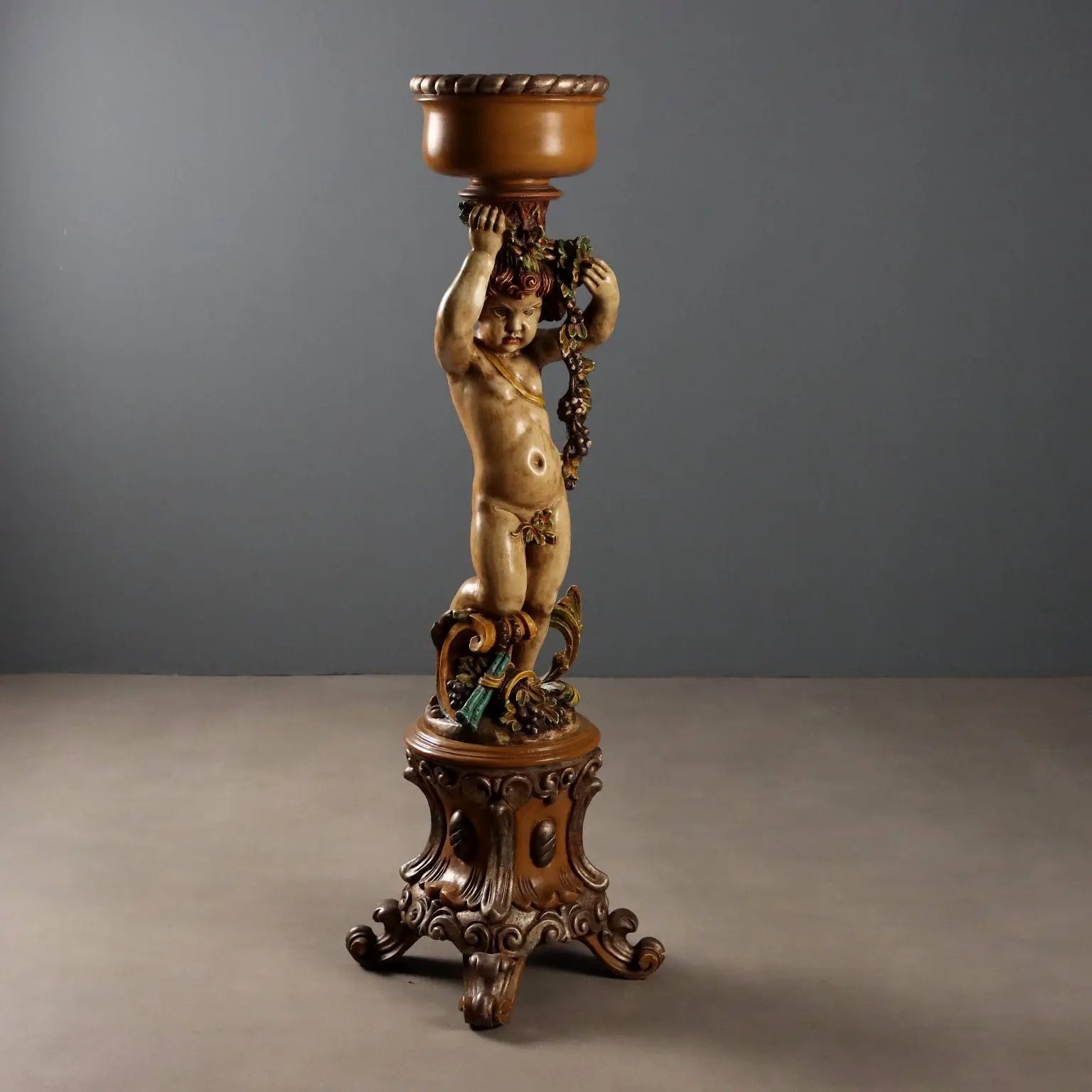 Antique Flower Pot Column Baroque Style Wood Filler XX Century