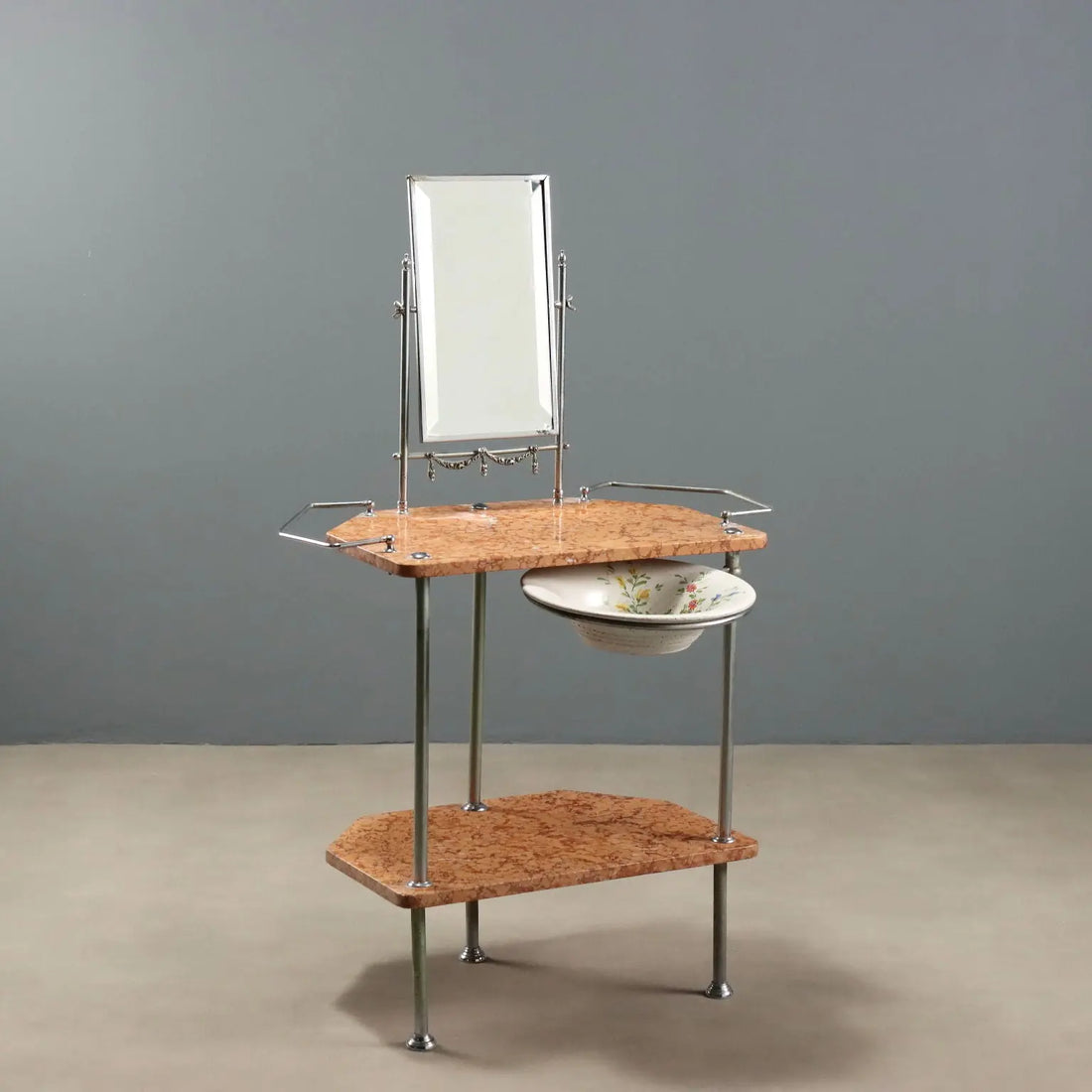 Antique Vanity Table Metal Marble with Mirror Italy XX Century