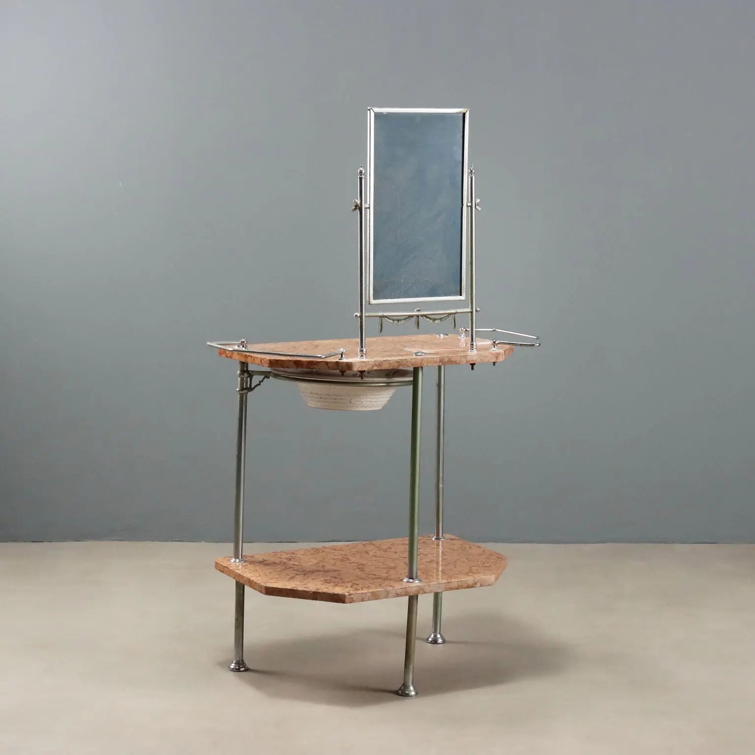 Antique Vanity Table Metal Marble with Mirror Italy XX Century