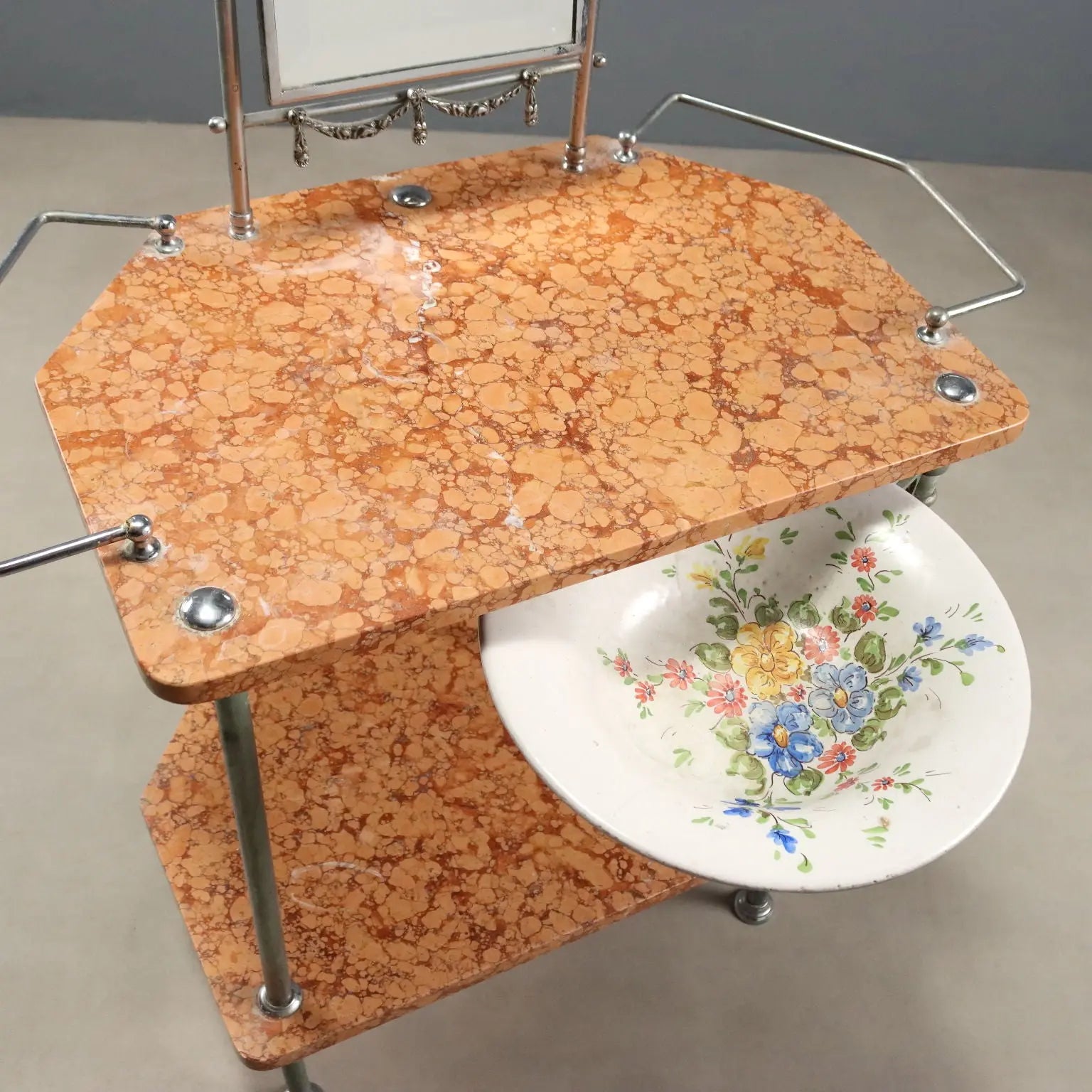 Antique Vanity Table Metal Marble with Mirror Italy XX Century