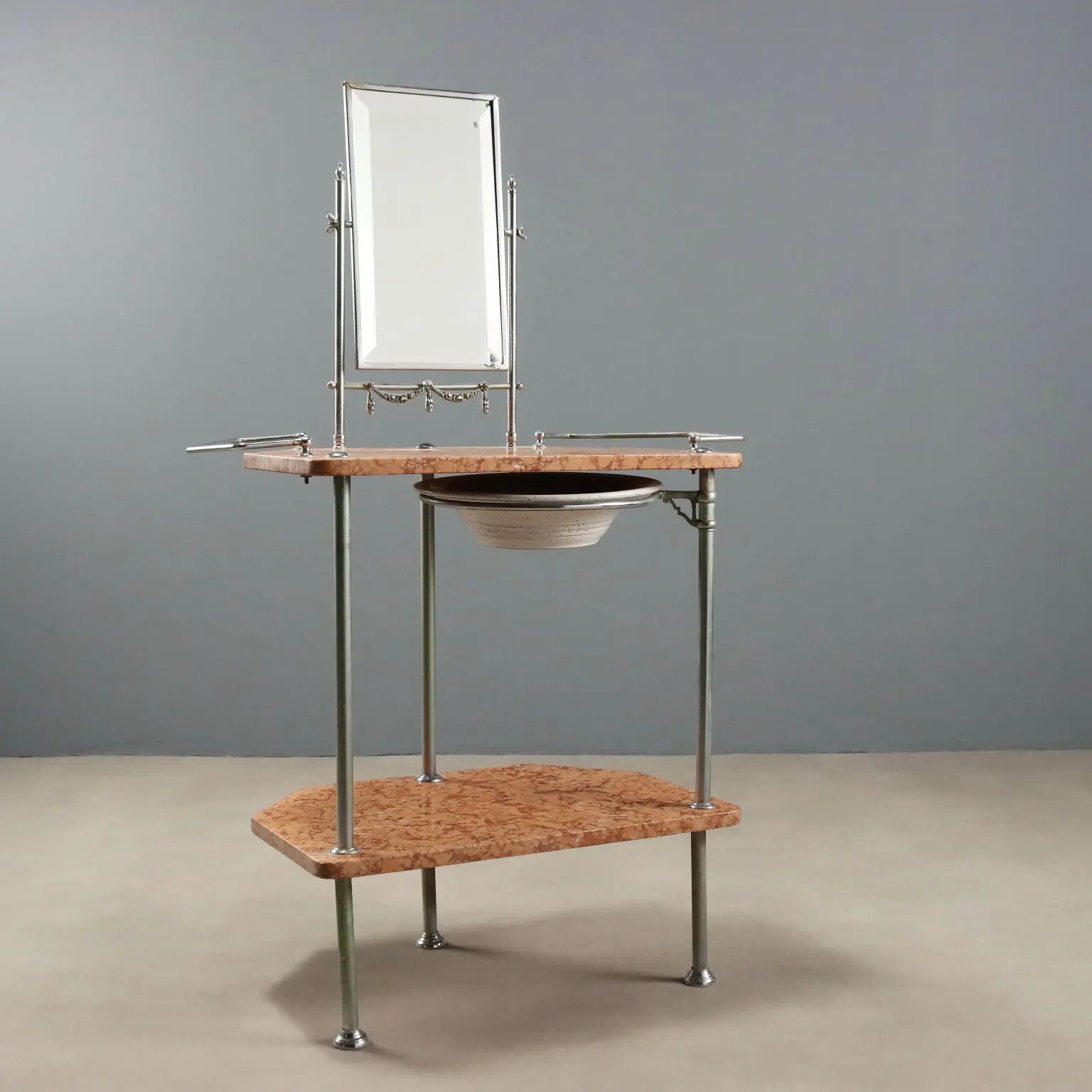 Antique Vanity Table Metal Marble with Mirror Italy XX Century