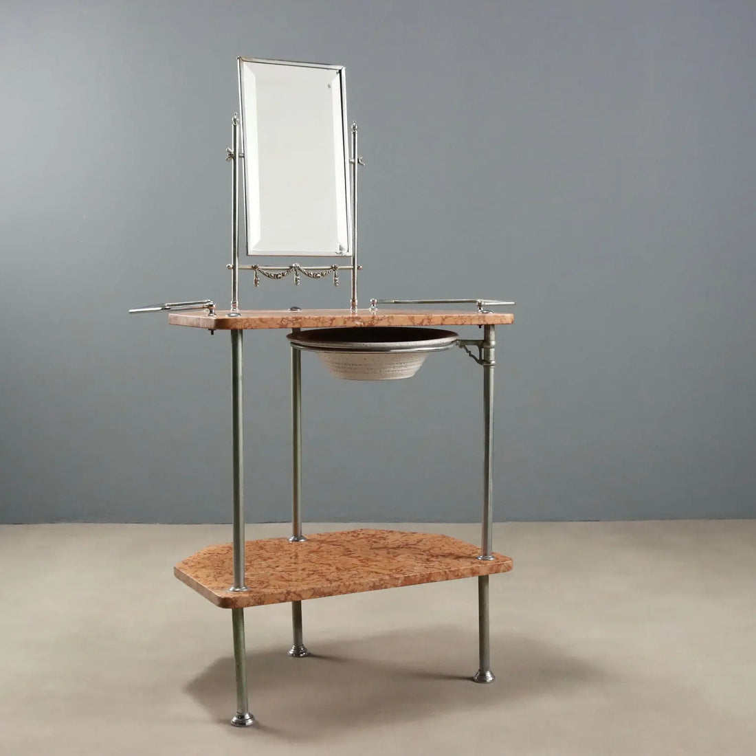 Antique Vanity Table Metal Marble with Mirror Italy XX Century