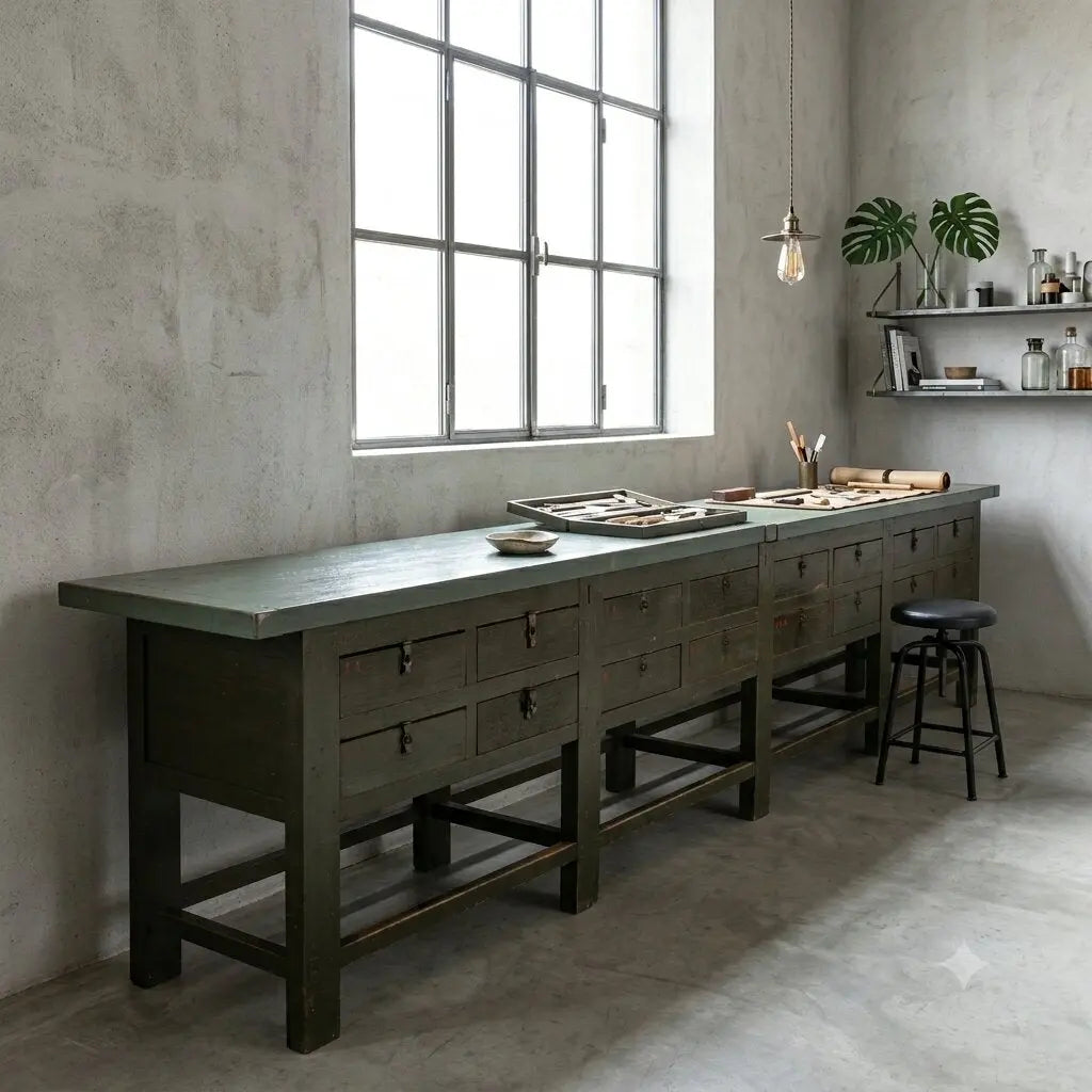 Antique Industrial Workbench Silver Fir Italy XX Century
