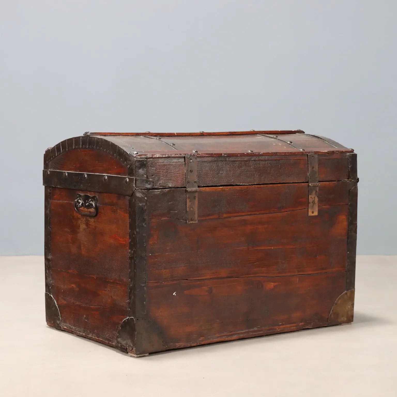 Antique Trunk Walnut Painted Oak Iron Italy XIX Century