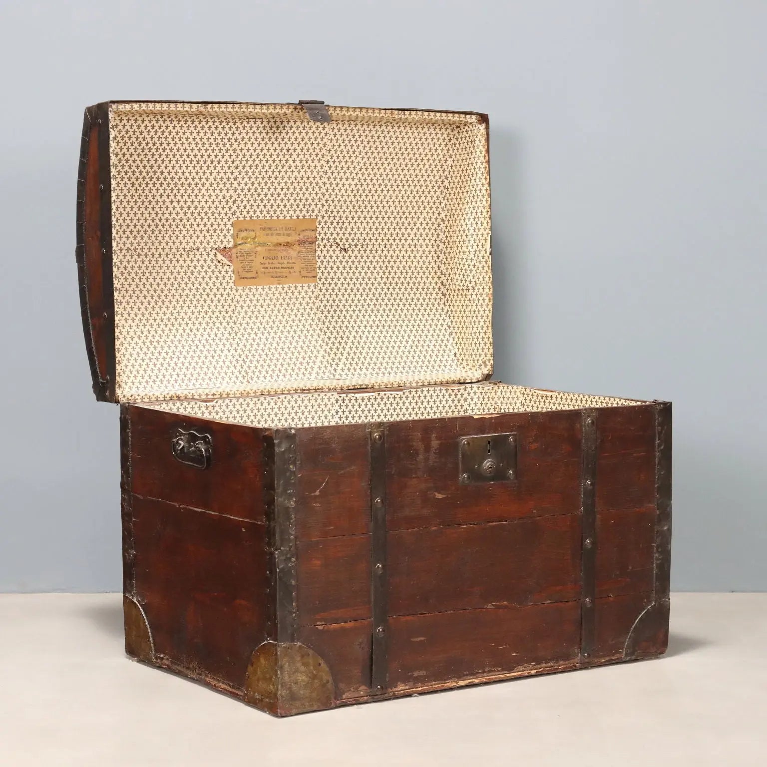Antique Trunk Walnut Painted Oak Iron Italy XIX Century