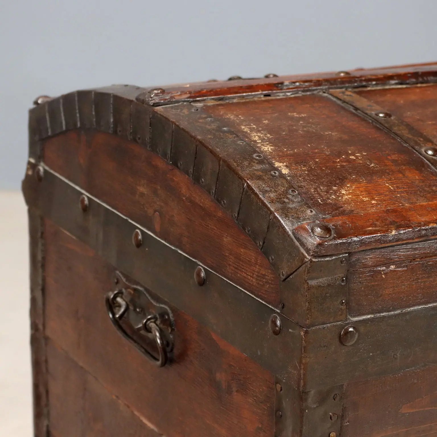 Antique Trunk Walnut Painted Oak Iron Italy XIX Century