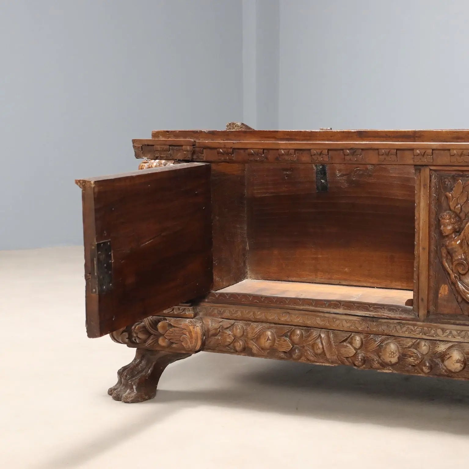 Antique Baroque Chest Walnut Decorations Italy XVIII Century
