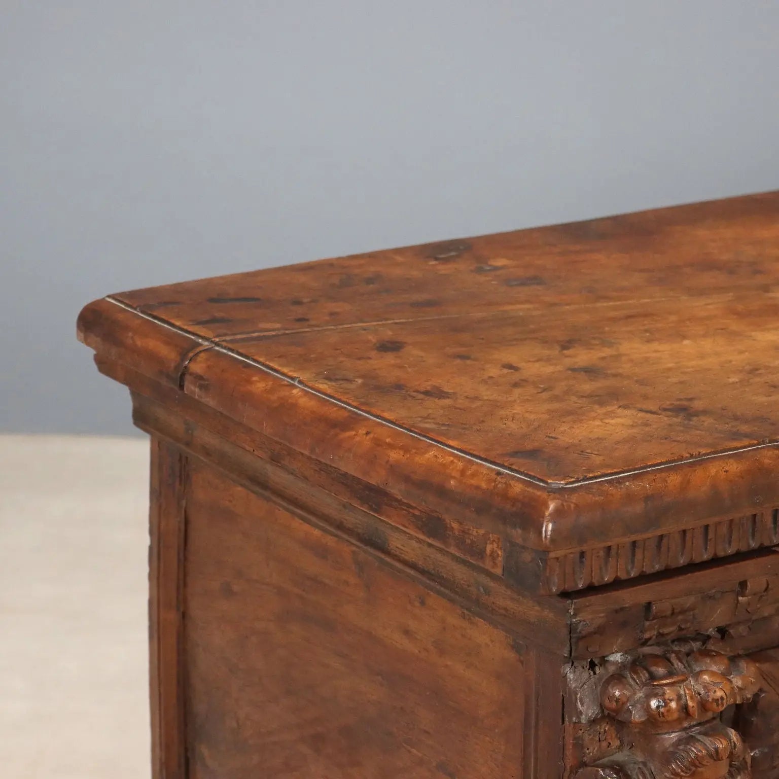 Antique Baroque Chest Walnut Decorations Italy XVIII Century