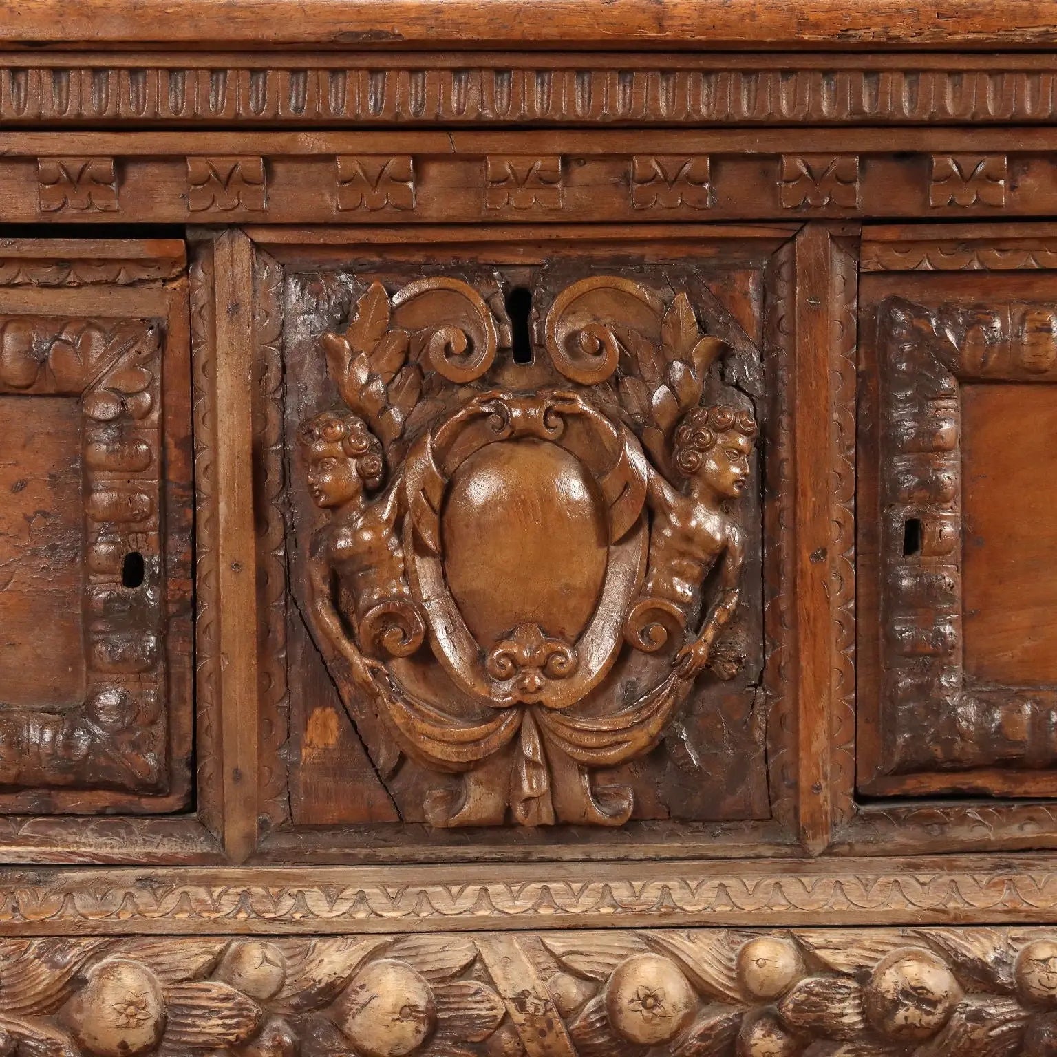 Antique Baroque Chest Walnut Decorations Italy XVIII Century