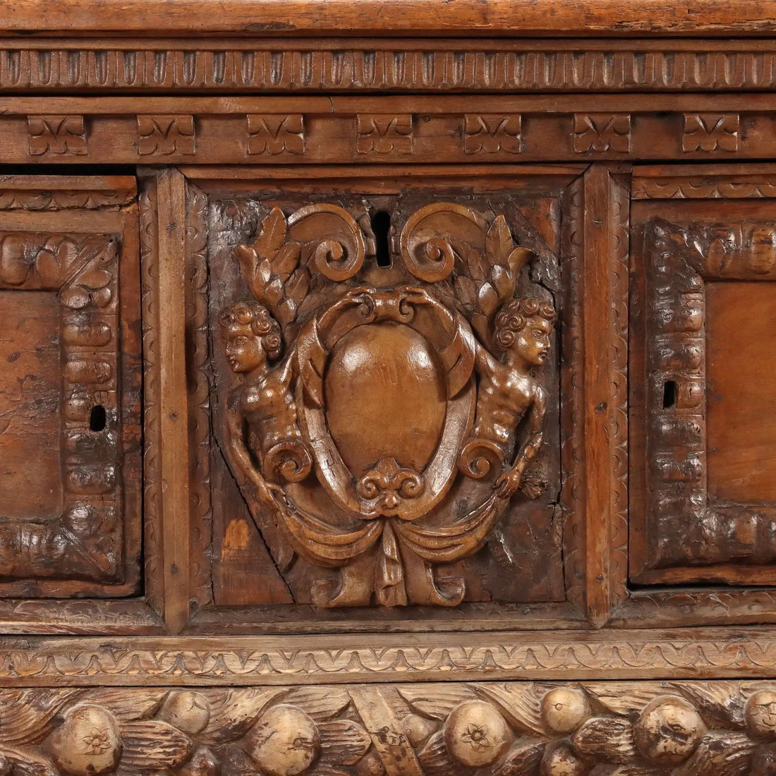 Antique Baroque Chest Walnut Decorations Italy XVIII Century