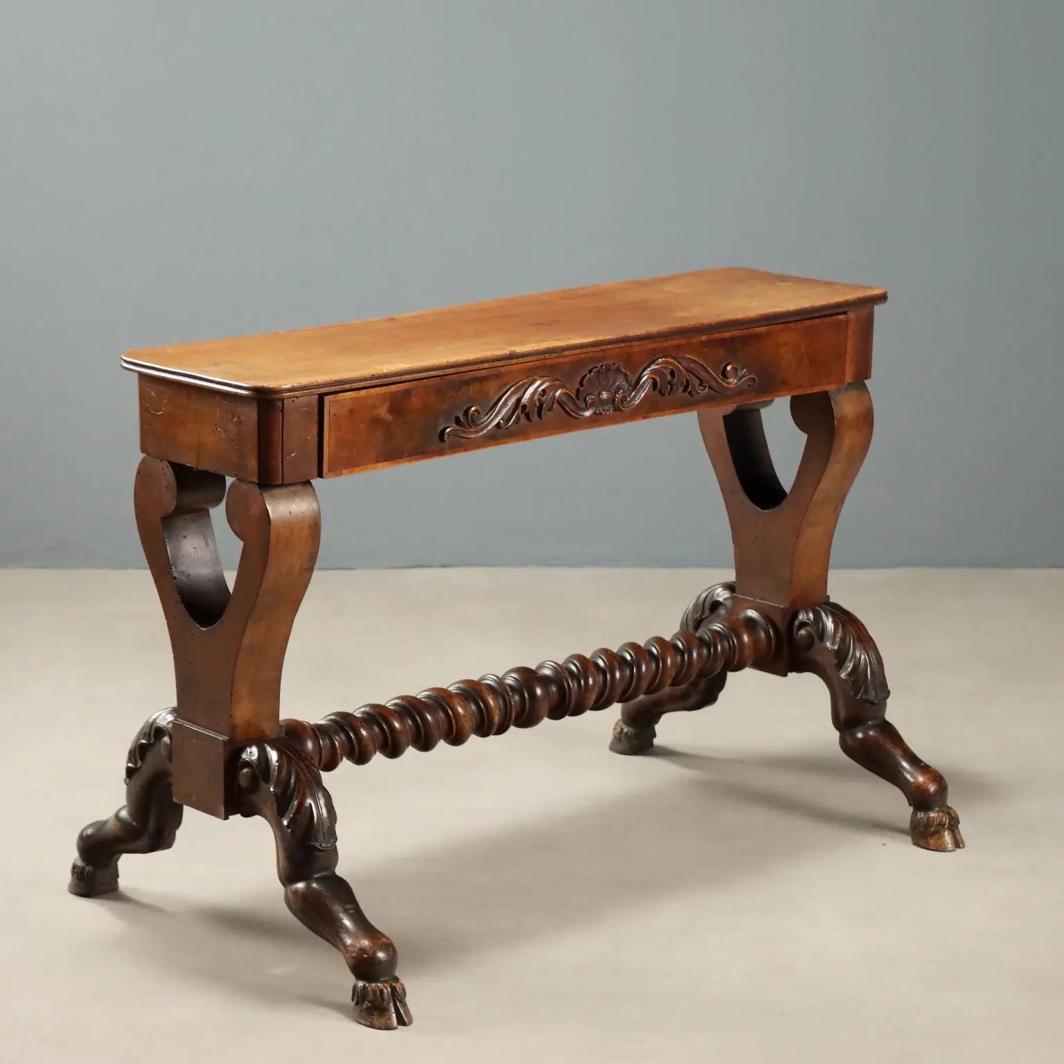 Small Antique Table Carved Walnut Italy Mid XIX Century