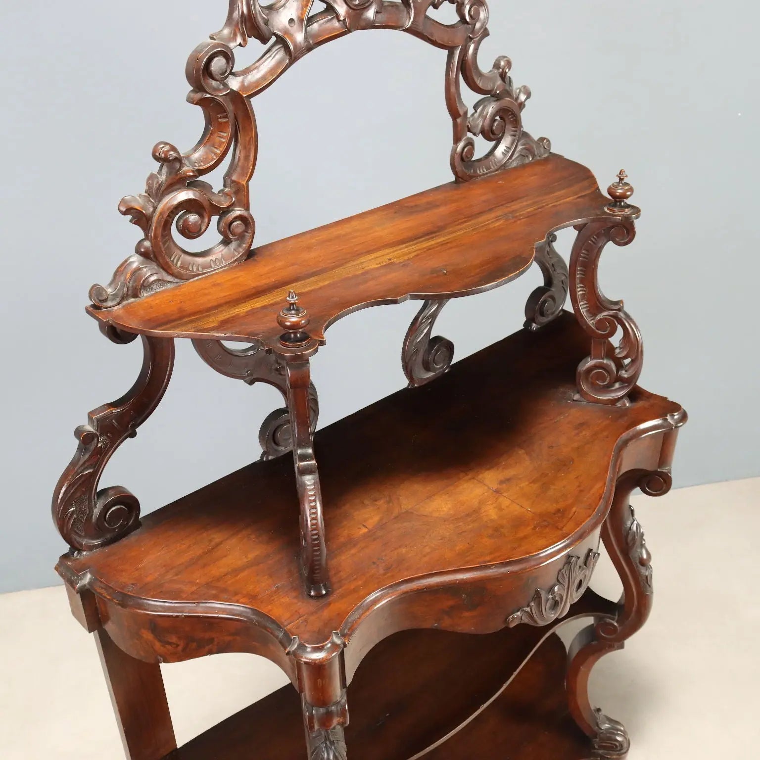 Antique Etagere Louis Philippe Walnut Leafy Carvings XIX Century