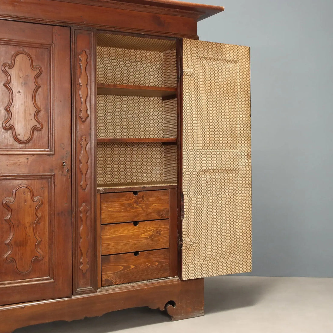 Antique Wardrobe Baroque Cherrywood Tiles Piacenza XVIII Century
