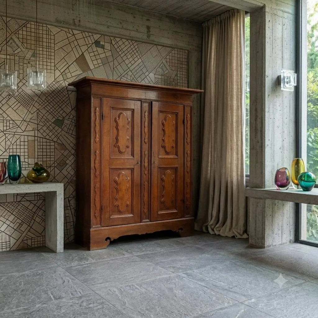 Antique Wardrobe Baroque Cherrywood Tiles Piacenza XVIII Century