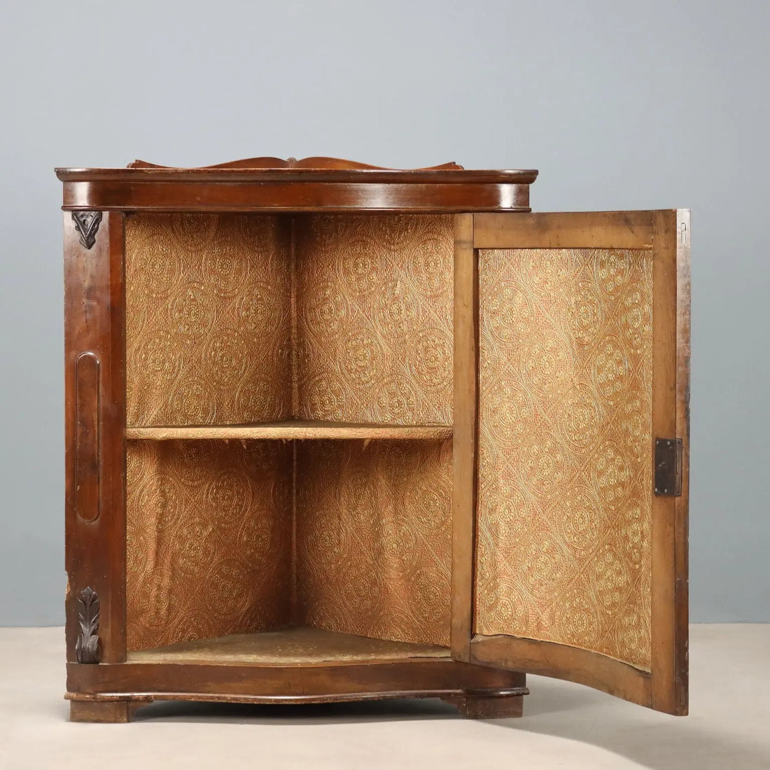 Antique Corner Cupboard Walnut Carvings Italy XIX Century