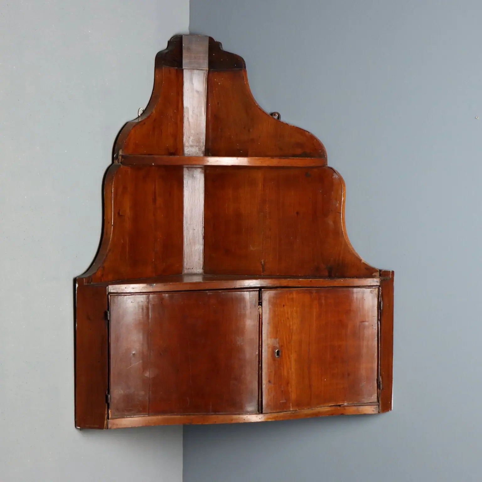 Antique Wall Corner Cabinet Wavy Top Walnut Italy XIX Century
