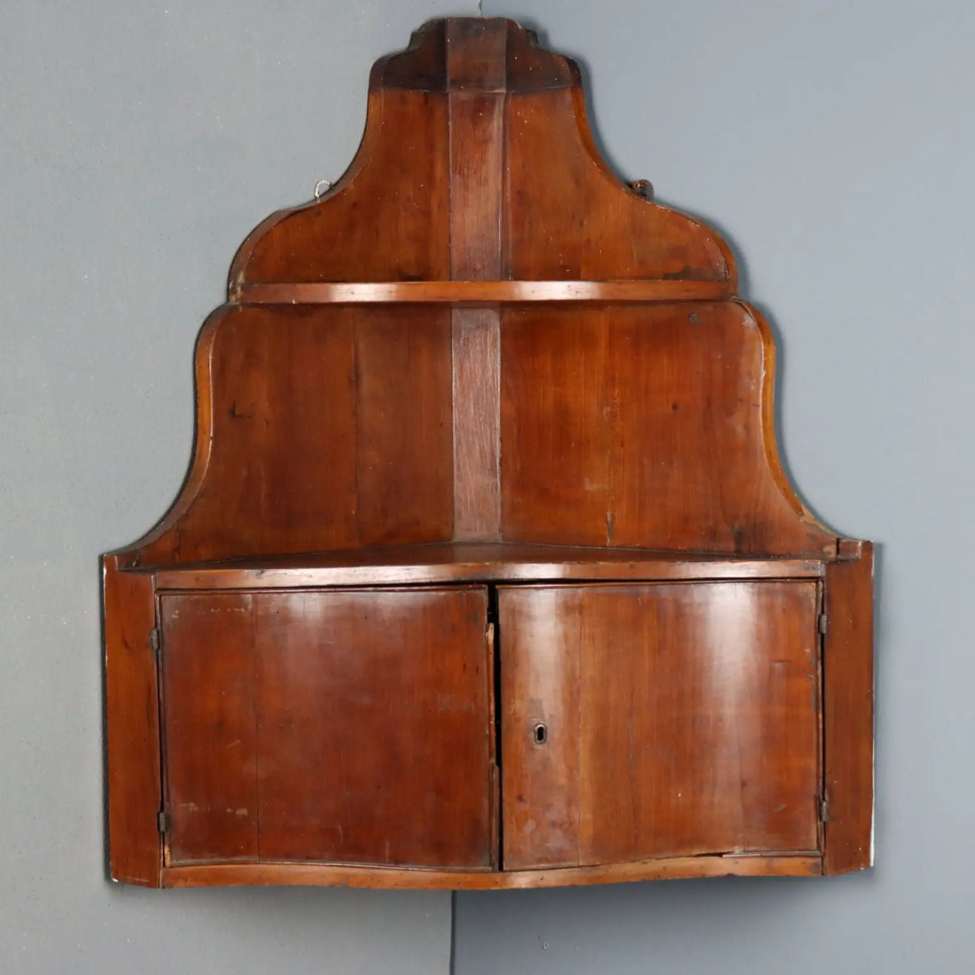 Antique Wall Corner Cabinet Wavy Top Walnut Italy XIX Century