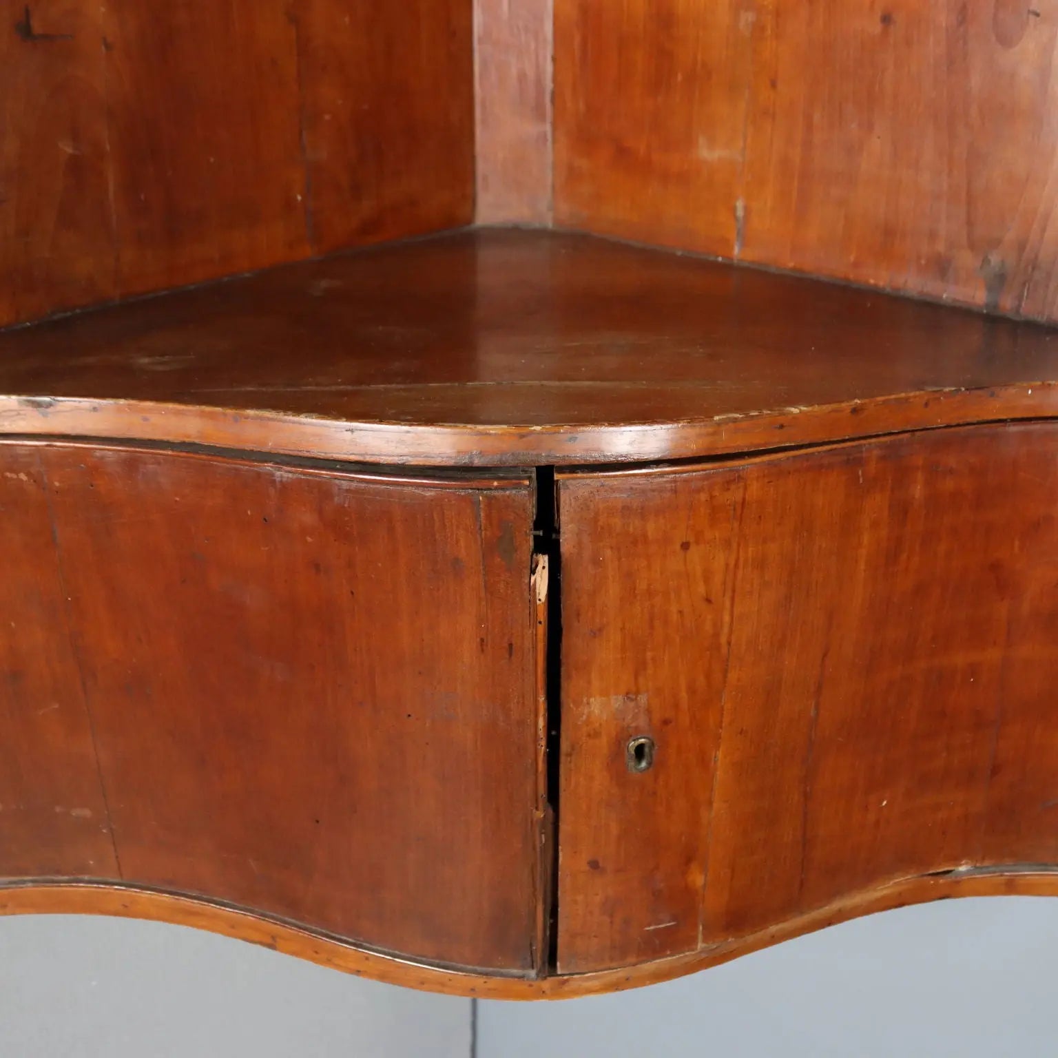 Antique Wall Corner Cabinet Wavy Top Walnut Italy XIX Century