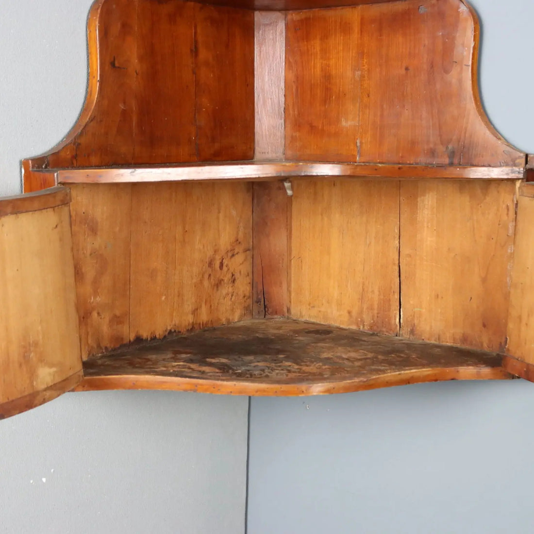 Antique Wall Corner Cabinet Wavy Top Walnut Italy XIX Century
