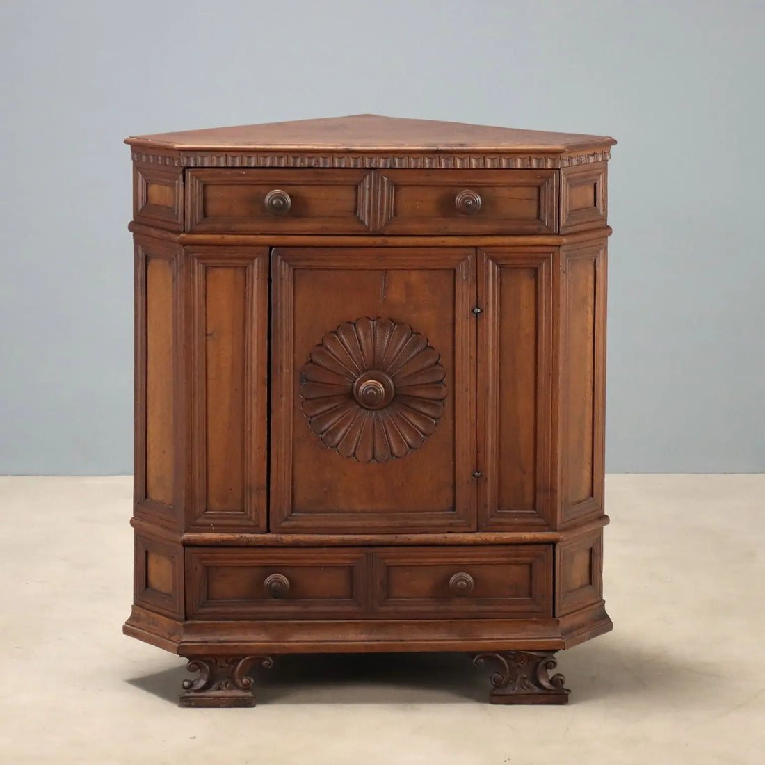 Antique Baroque Corner Cupboard Walnut Carvings Italy XX Century