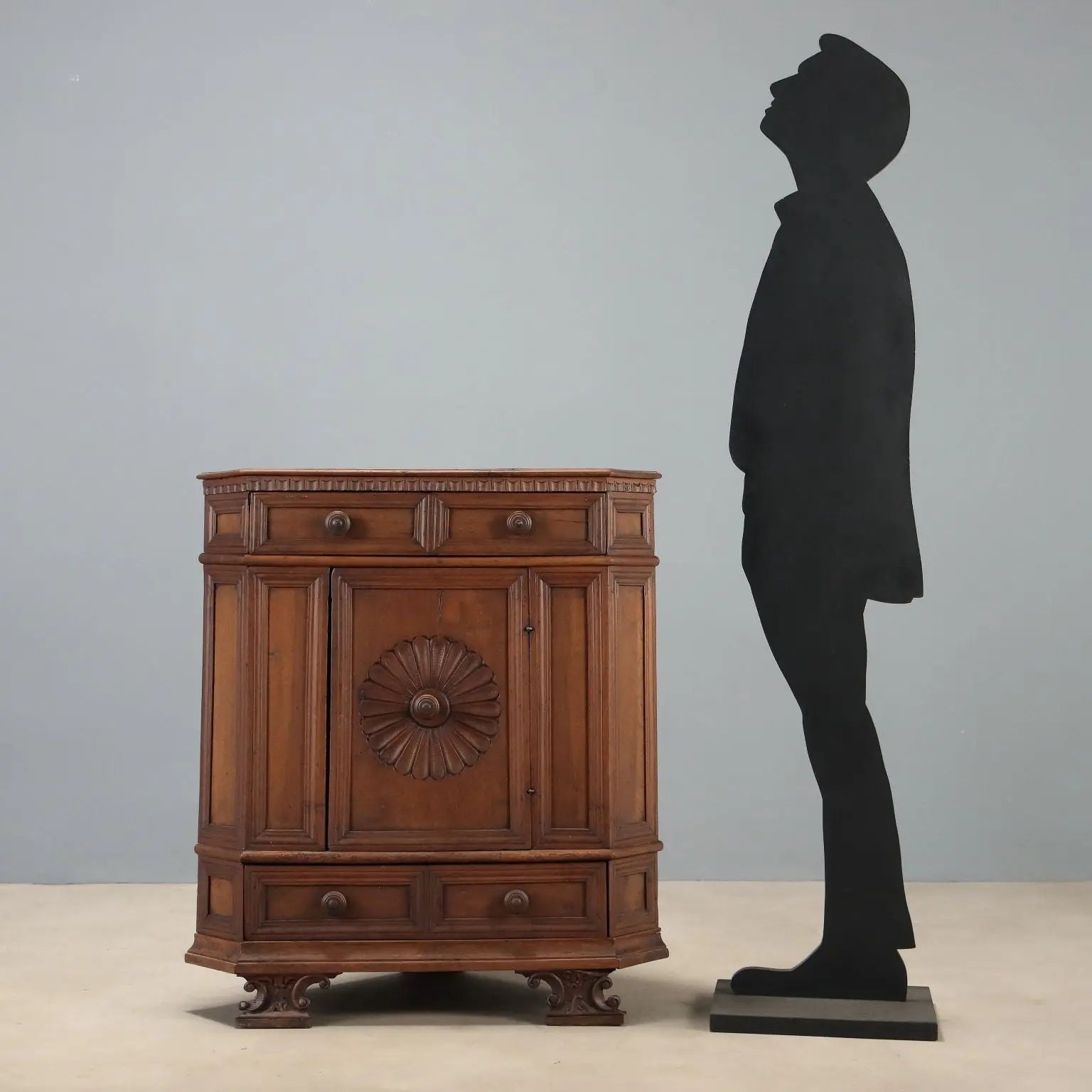 Antique Baroque Corner Cupboard Walnut Carvings Italy XX Century