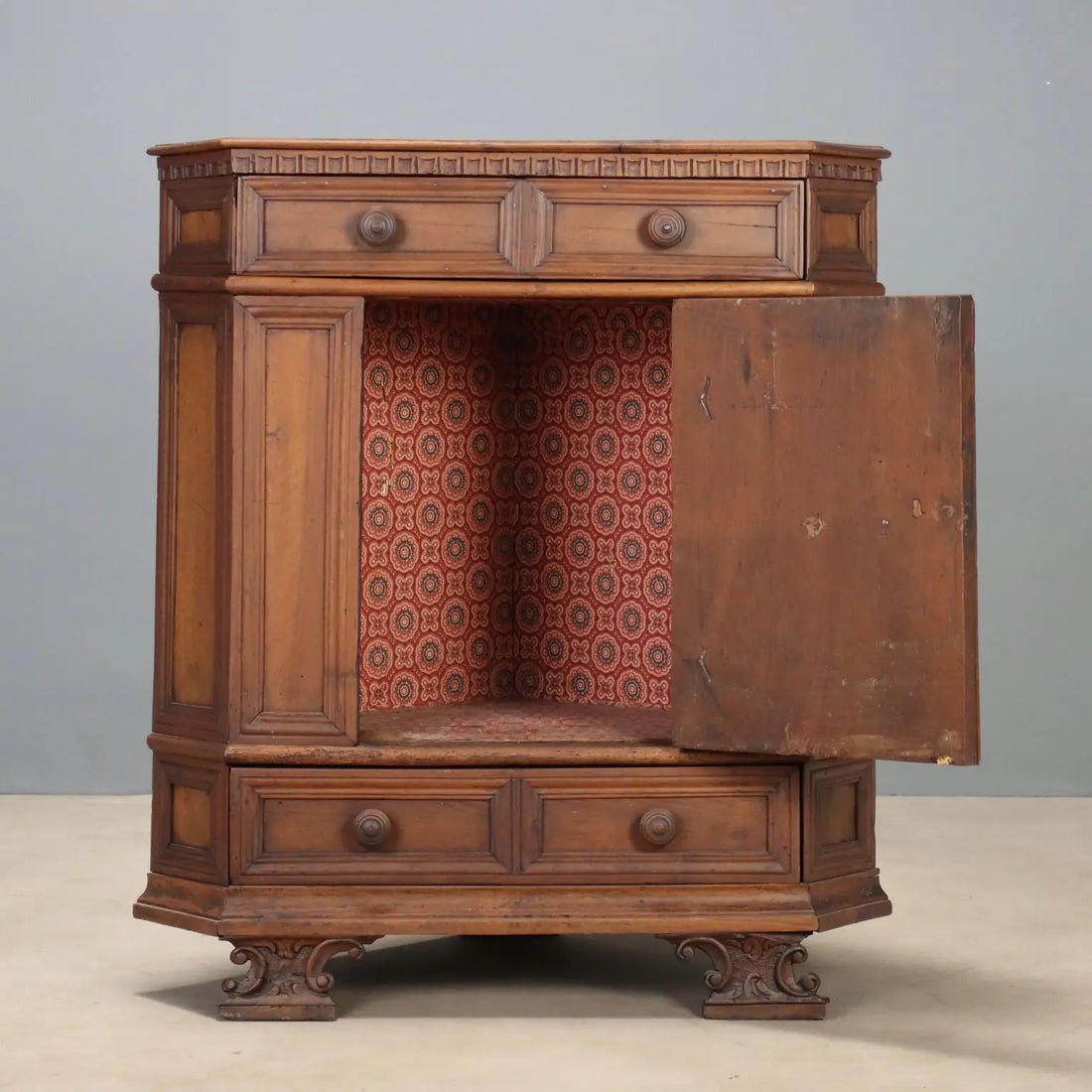 Antique Baroque Corner Cupboard Walnut Carvings Italy XX Century