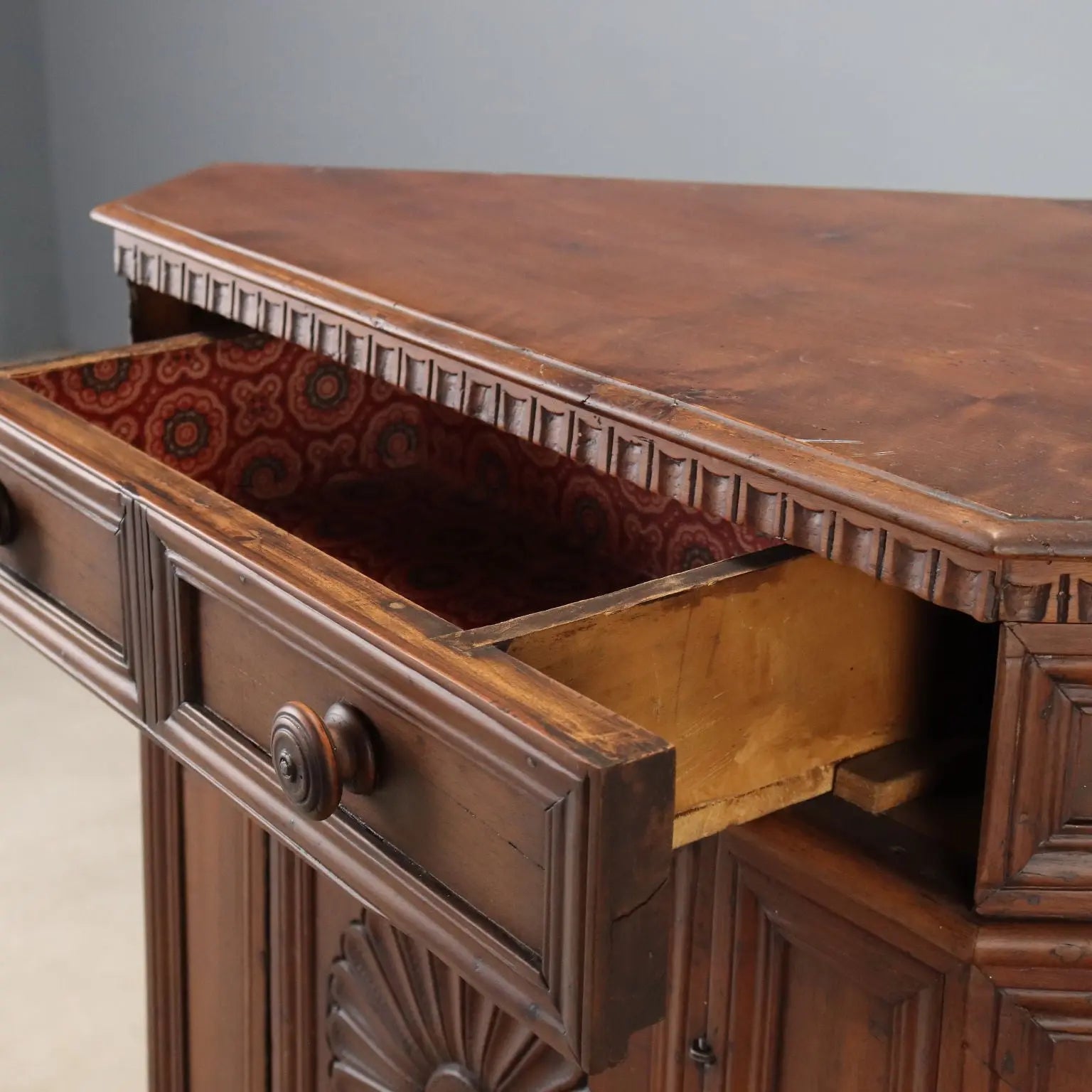 Antique Baroque Corner Cupboard Walnut Carvings Italy XX Century