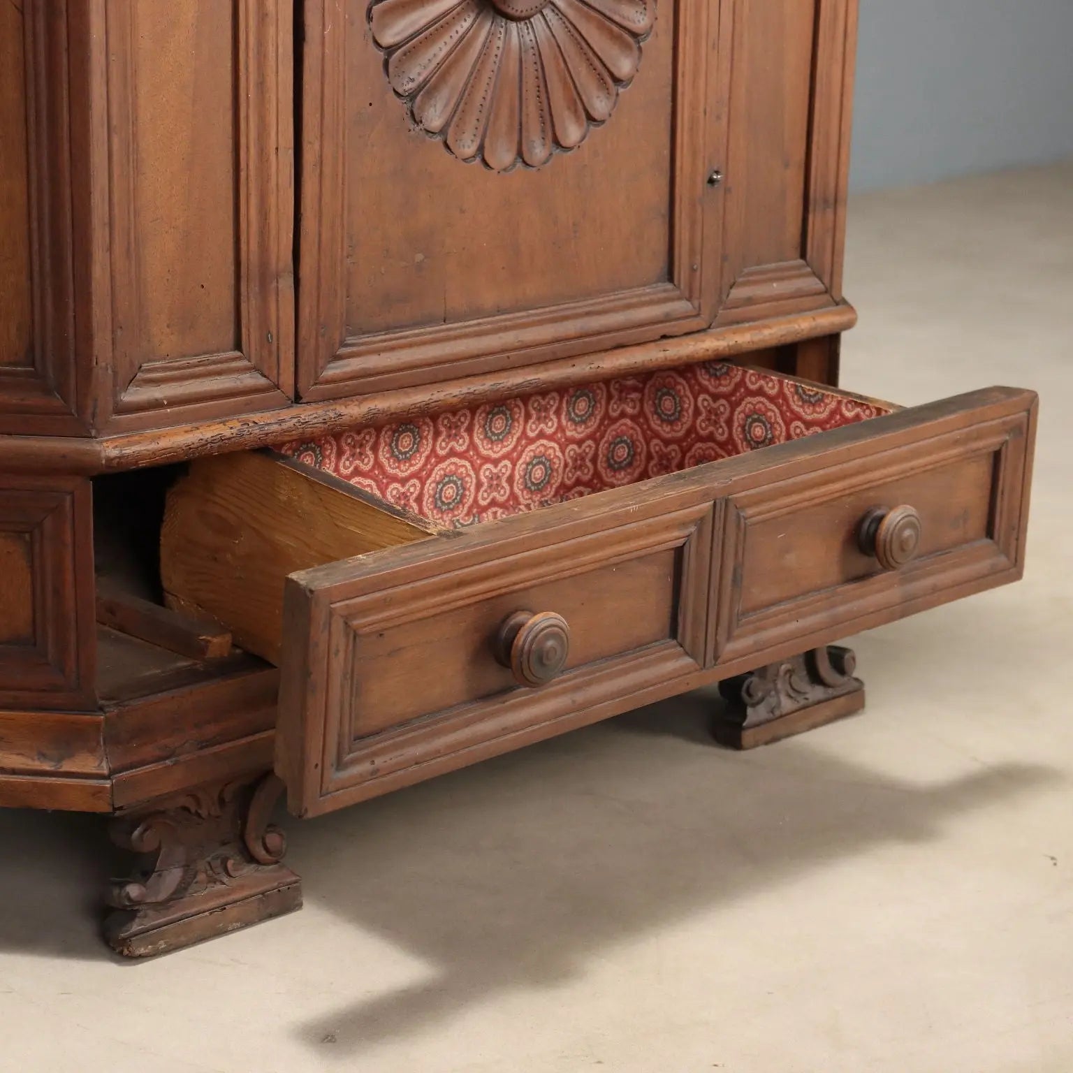 Antique Baroque Corner Cupboard Walnut Carvings Italy XX Century