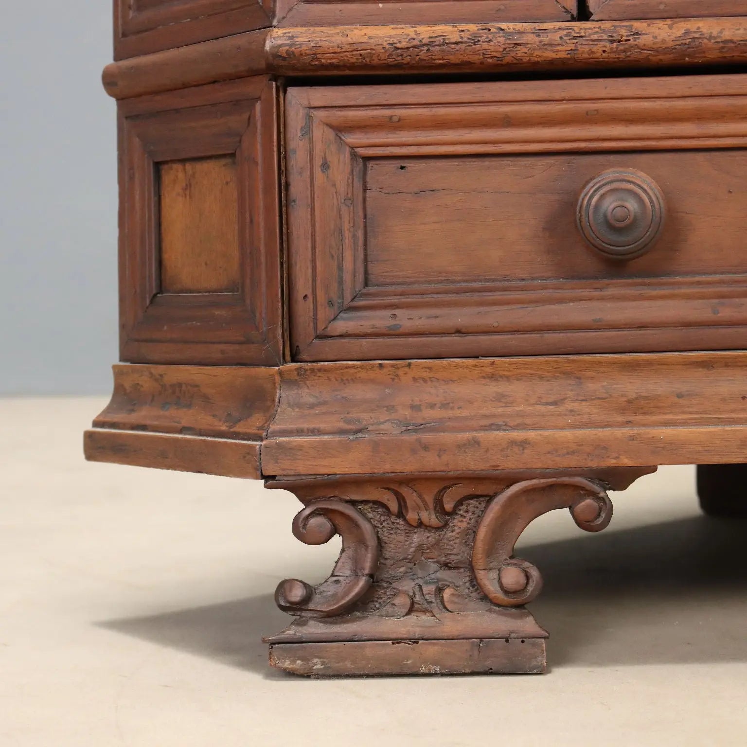 Antique Baroque Corner Cupboard Walnut Carvings Italy XX Century