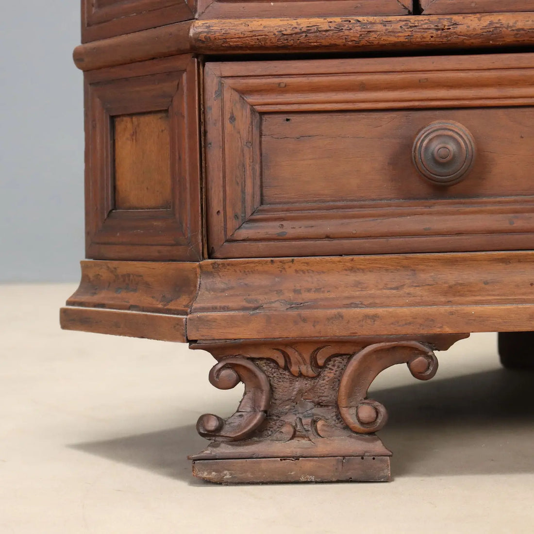 Antique Baroque Corner Cupboard Walnut Carvings Italy XX Century