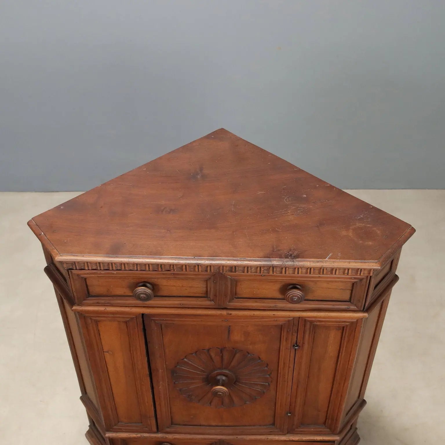 Antique Baroque Corner Cupboard Walnut Carvings Italy XX Century
