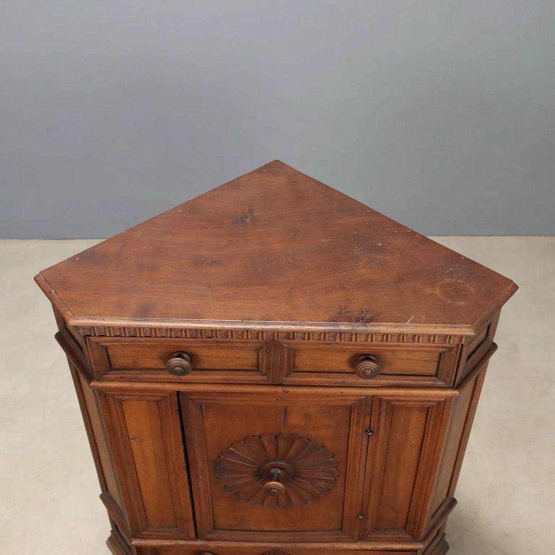 Antique Baroque Corner Cupboard Walnut Carvings Italy XX Century