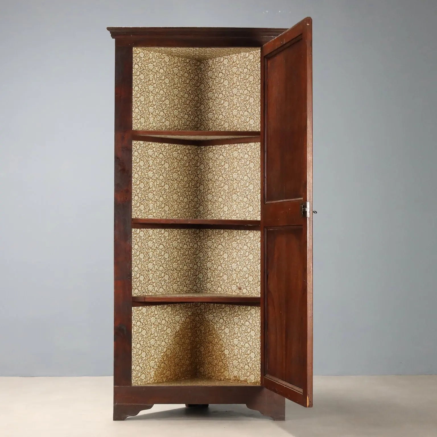 Antique Corner Cabinet Walnut Oak Shelves Italy XX Century