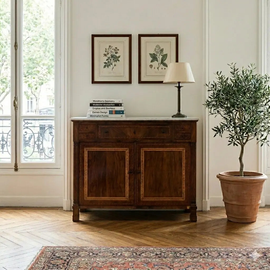 Walnut Sideboard with Inlays and Marble - 19th Century