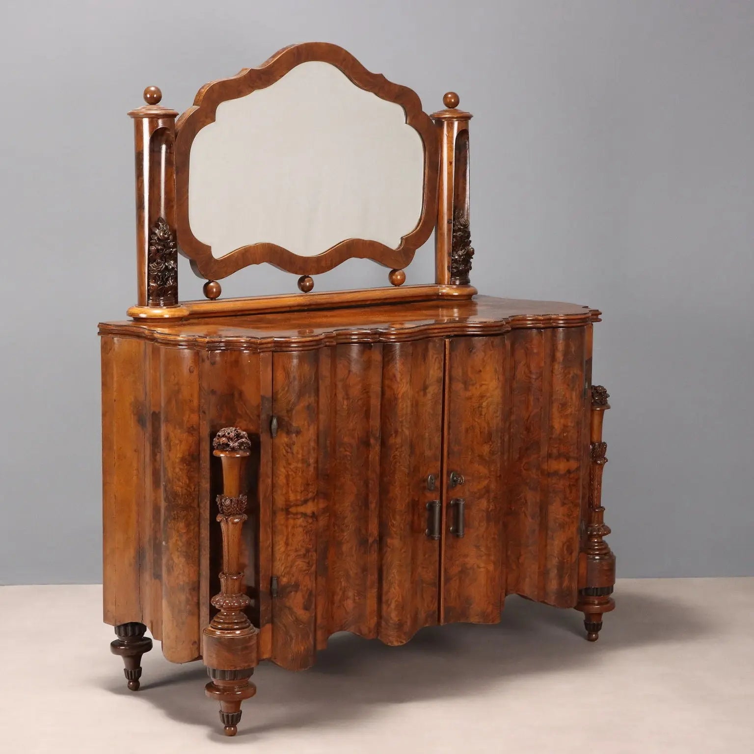 Art Deco Walnut Dresser with Mirror - Italy 1920s