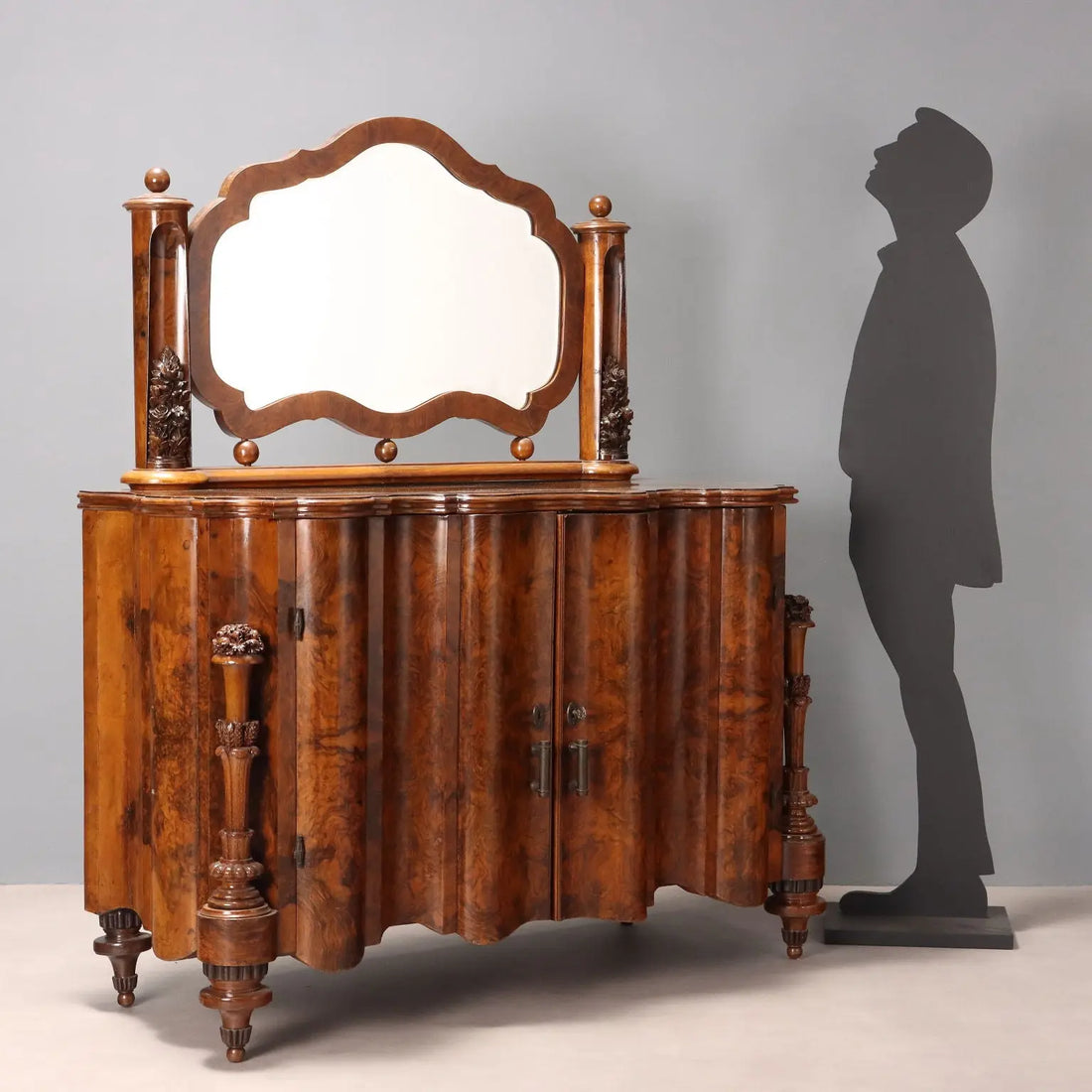 Art Deco Walnut Dresser with Mirror - Italy 1920s