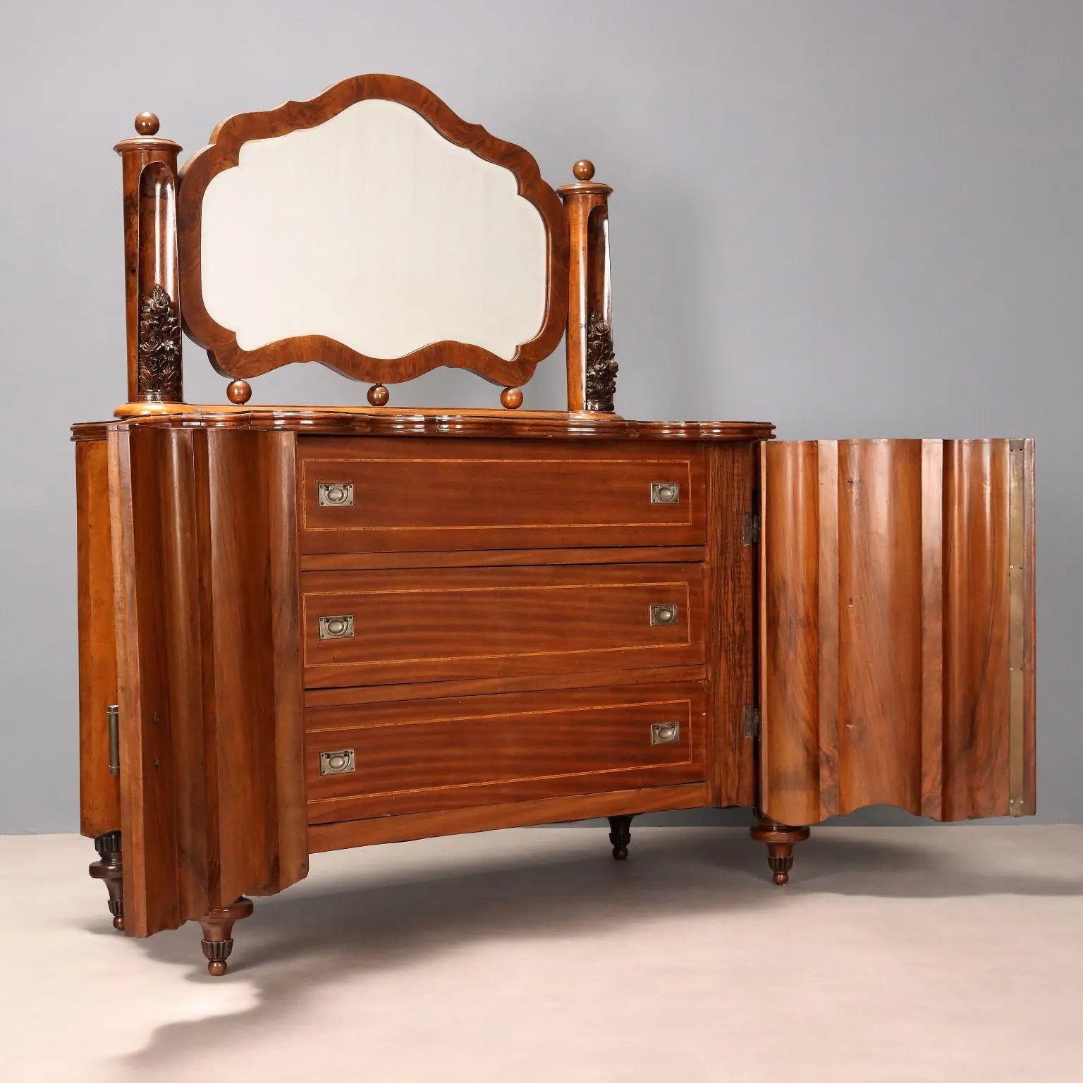 Art Deco Walnut Dresser with Mirror - Italy 1920s