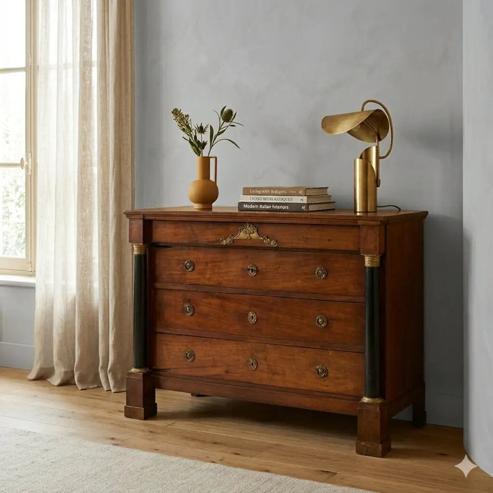Antique Chest of Drawers Empire Walnut Bronze Italy XIX Century