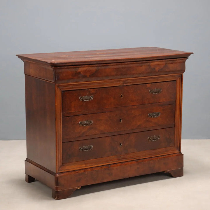 Antique Chest of Drawers Charles X Walnut Oak 4 Drawers XIX Century
