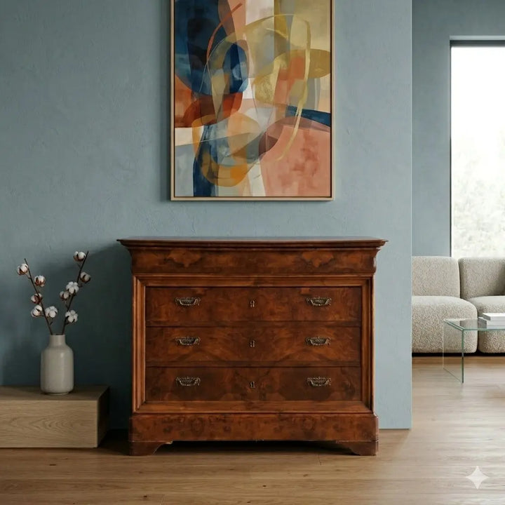 Antique Chest of Drawers Charles X Walnut Oak 4 Drawers XIX Century