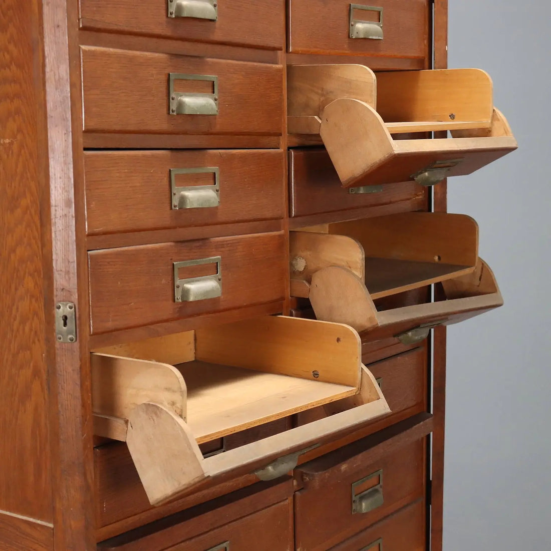 Antique Filing Cabinet Art Nouveau Oak 18 Drawers Italy XIX Century