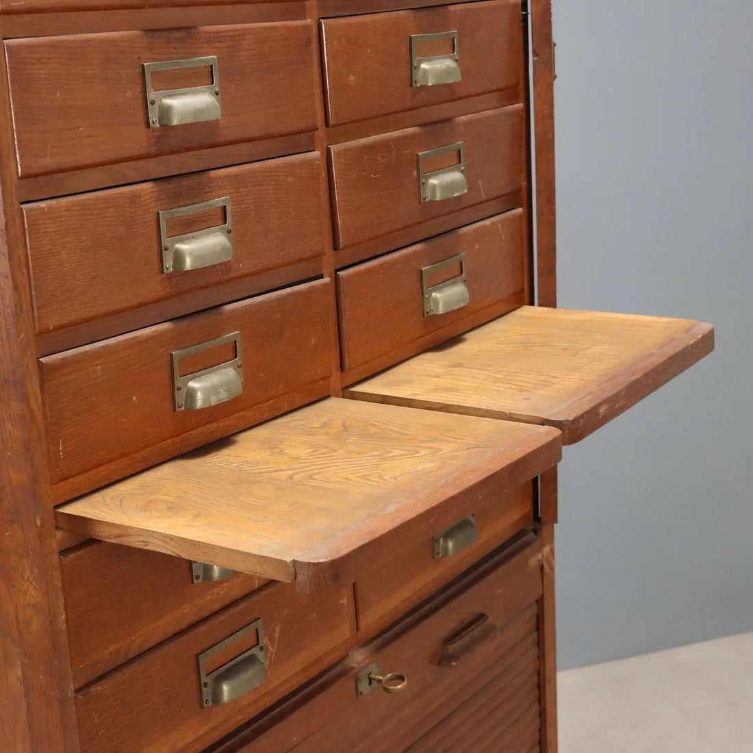 Antique Filing Cabinet Art Nouveau Oak 18 Drawers Italy XIX Century