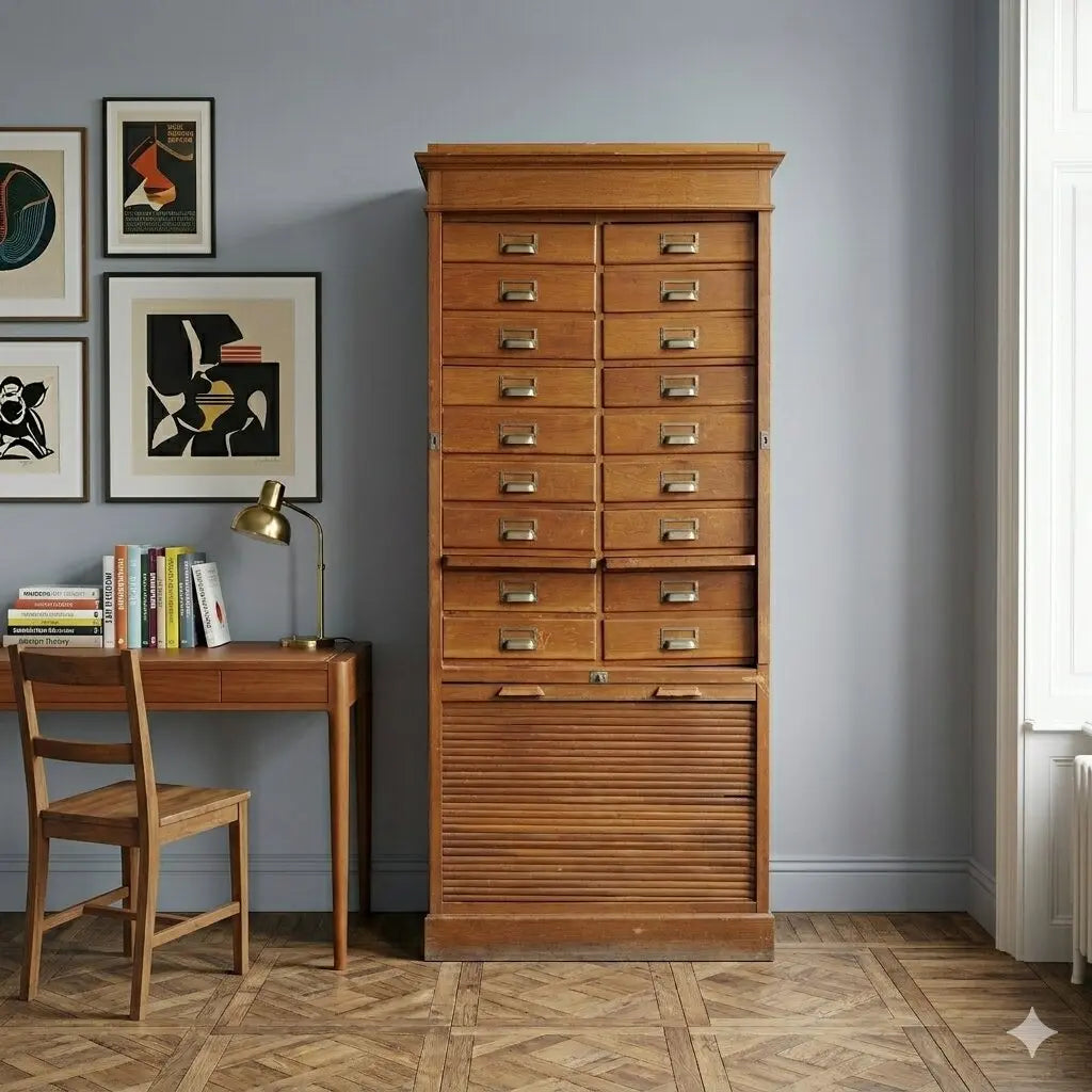 Antique Filing Cabinet Art Nouveau Oak 18 Drawers Italy XIX Century