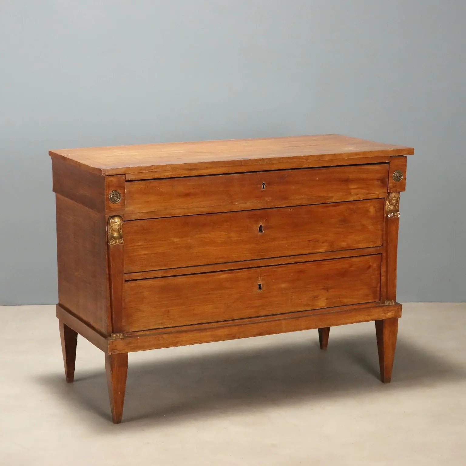 Antique Chest of Drawers Empire Walnut Gilded Details XIX Century