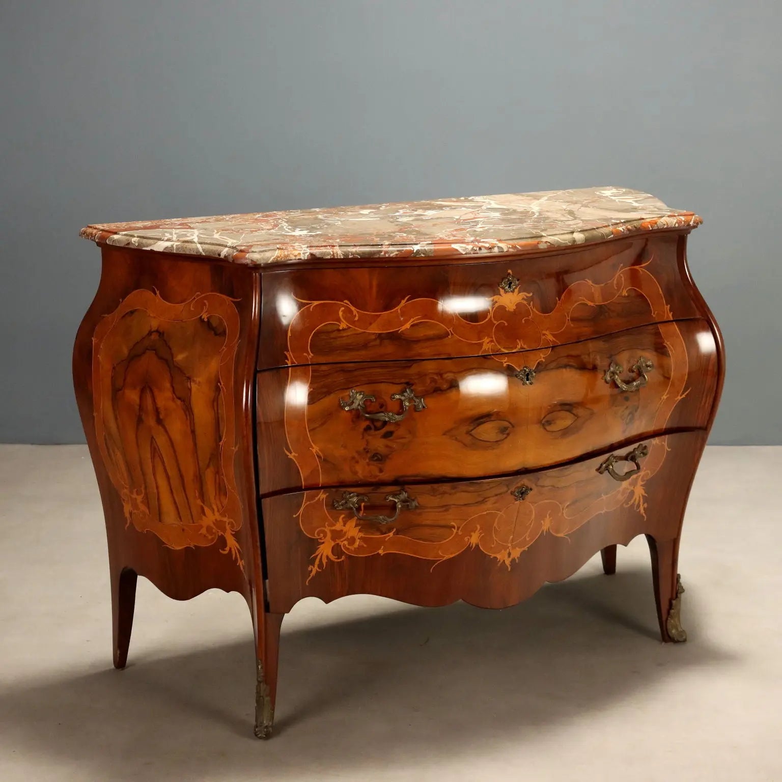 Antique Chest of Drawers Baroque Walnut Marble Italy XX Century