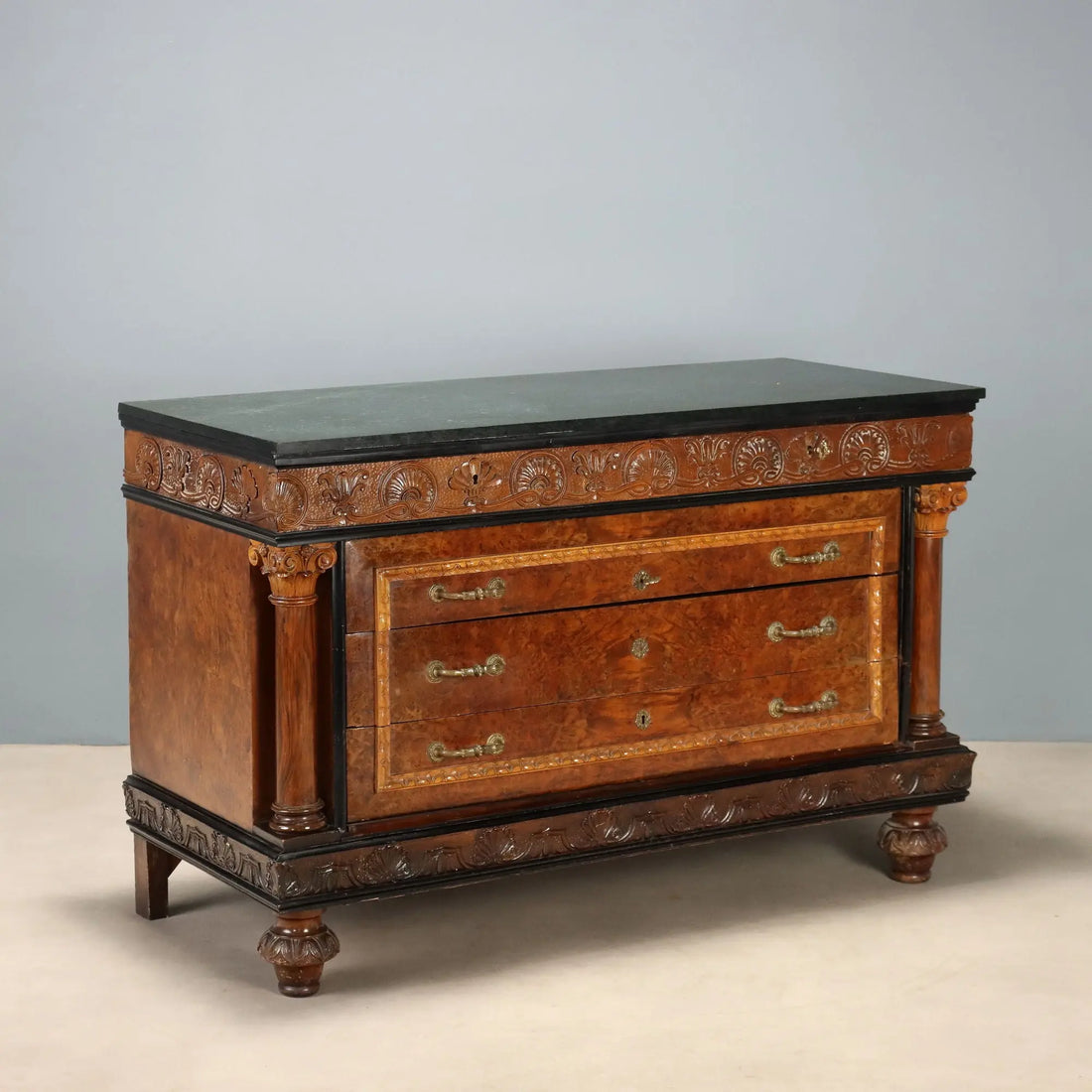 Antique Chest of Drawers Walnut Burl Marble Top Italy XX Century