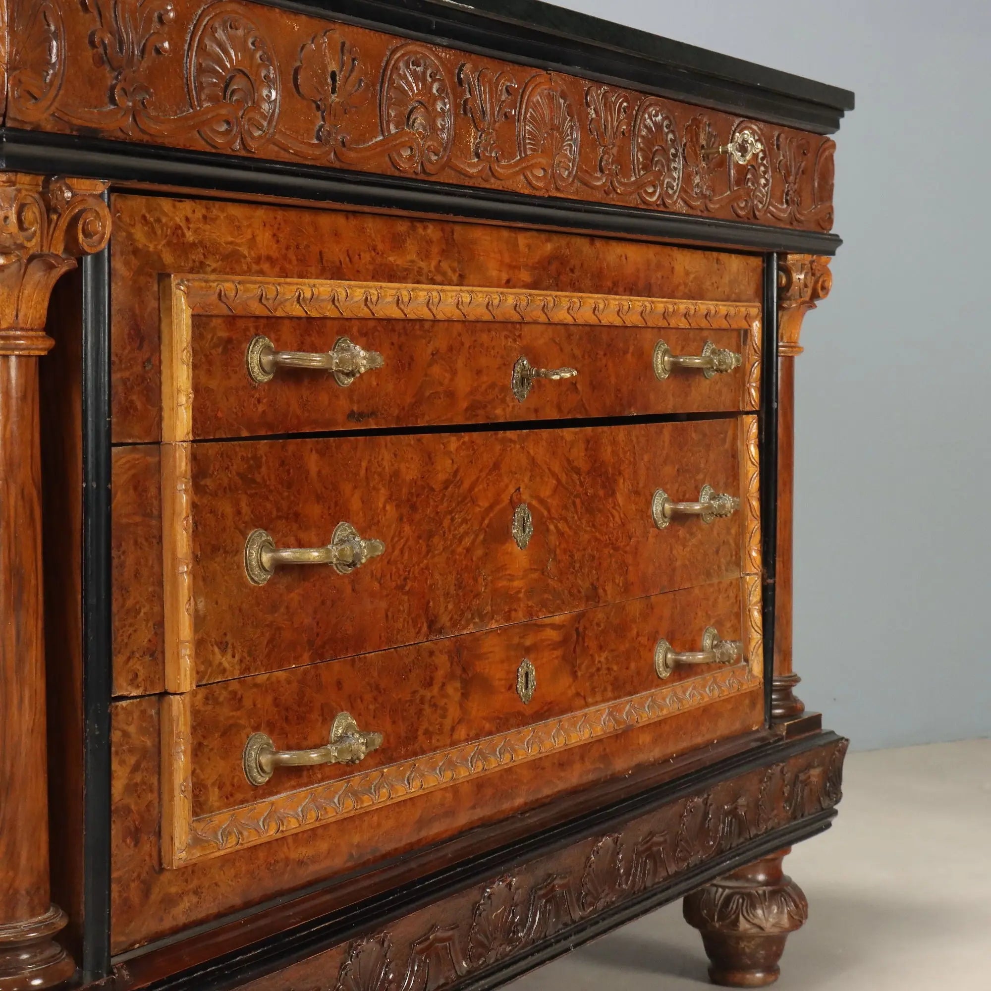 Antique Chest of Drawers Walnut Burl Marble Top Italy XX Century