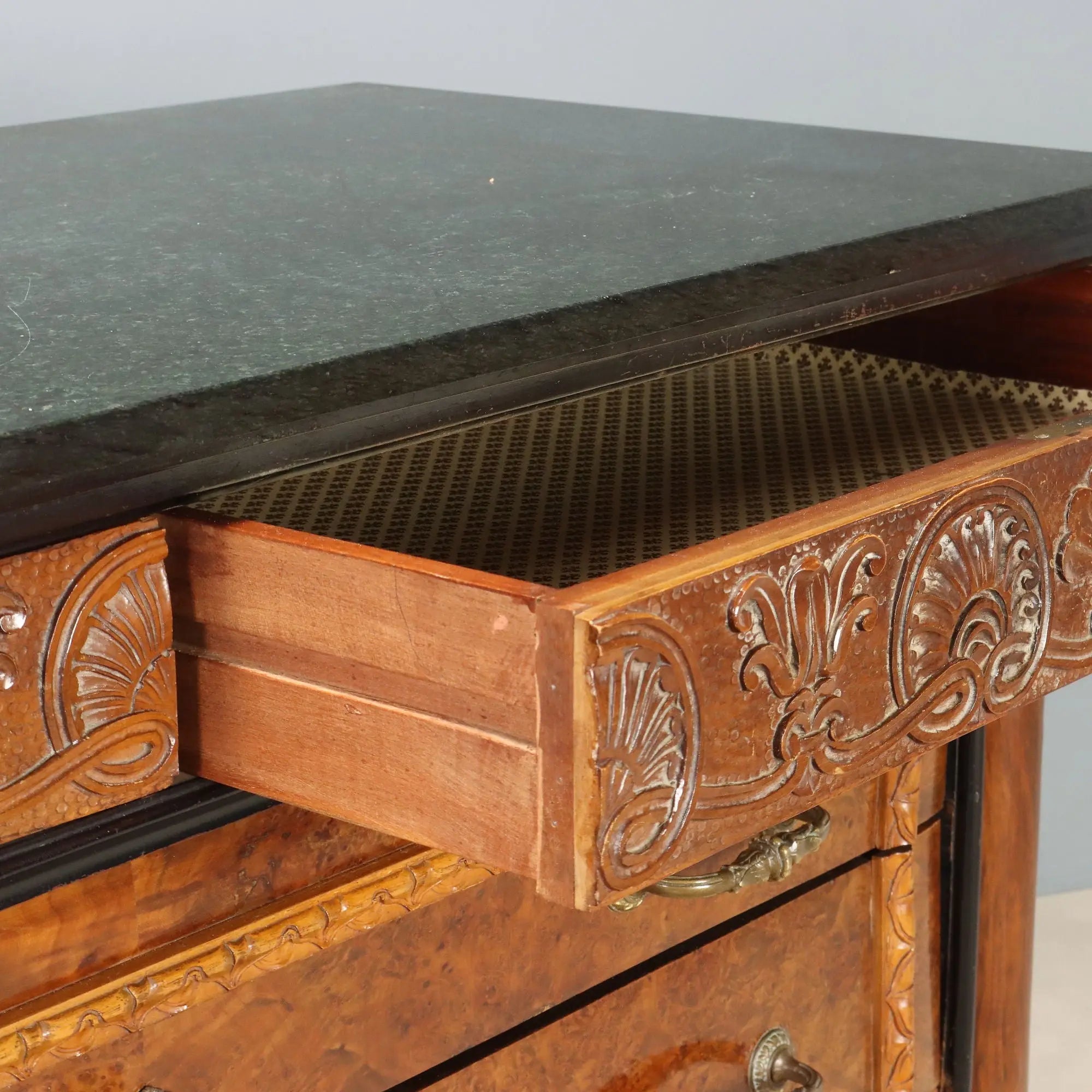 Antique Chest of Drawers Walnut Burl Marble Top Italy XX Century